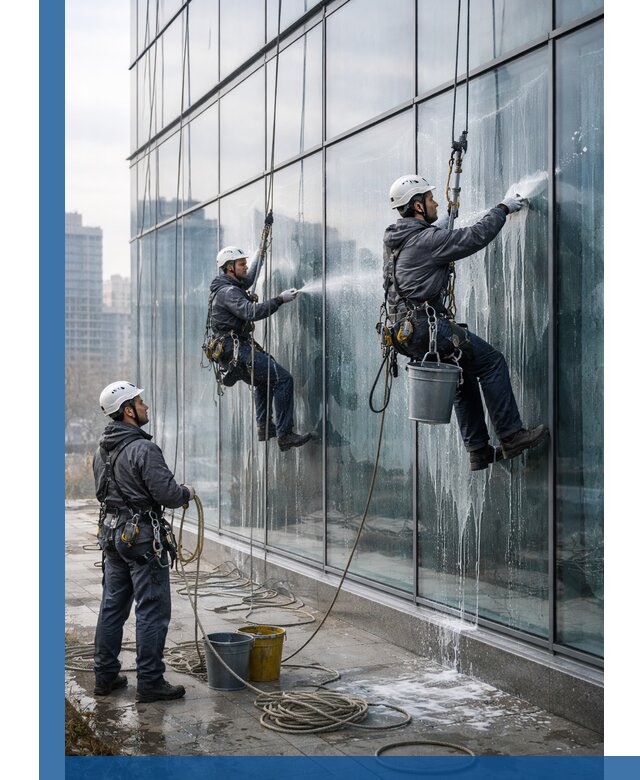 Промышленная мойка панорамных окон на высоте в Новотроицке