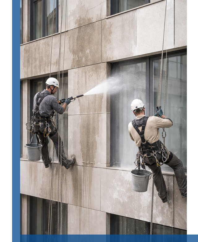 Послестроительная мойка фасада промышленным альпинизмом в Новотроицке