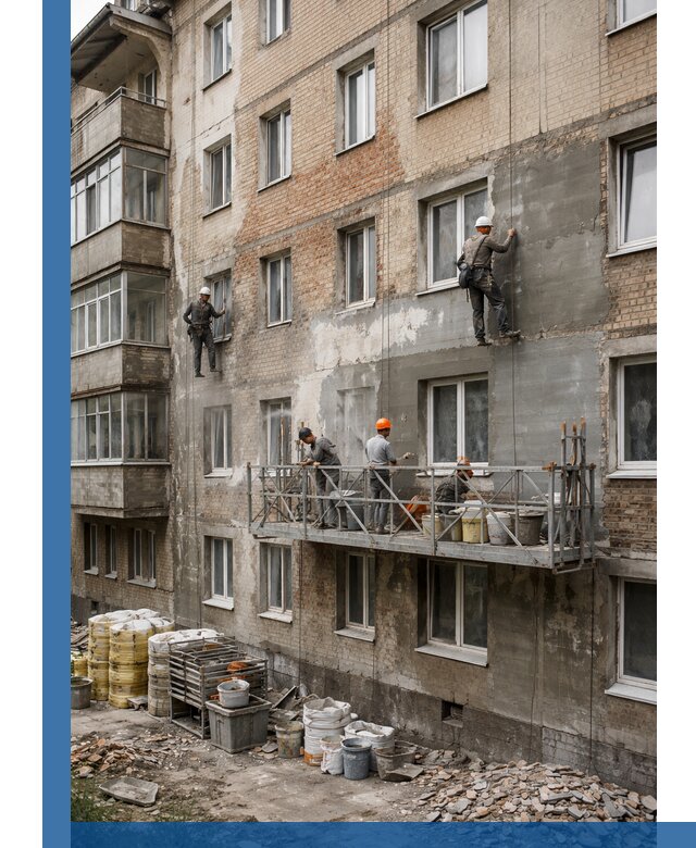 Капитальный ремонт фасада в Новотроицке с восстановлением и гидроизоляцией