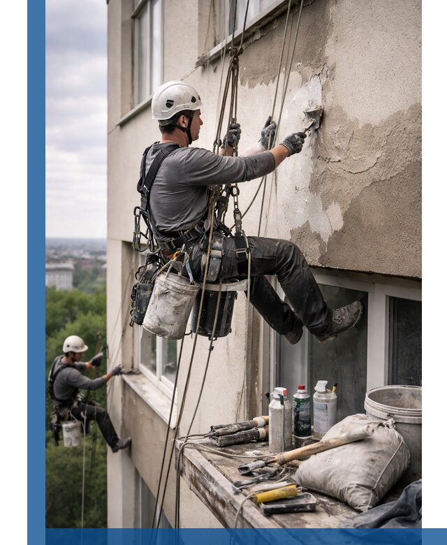 Косметический ремонт фасада зданий в Новотроицке промышленными альпинистами