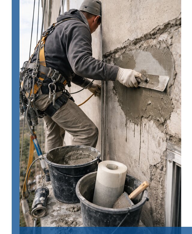 Ремонт бетонных элементов фасада промышленными альпинистами в Новотроицке