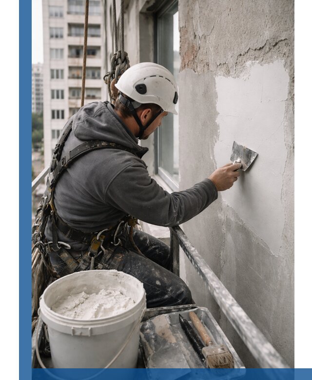 Шпаклевка фасадов на высоте с промальпинистами в Новотроицке