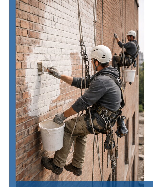Покраска кирпичного фасада с доступным альпинистским сервисом в Новотроицке