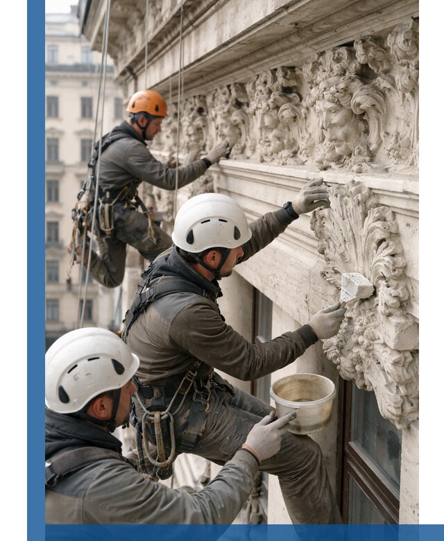 Реставрация фасадной лепнины с высотными работами в Новотроицке