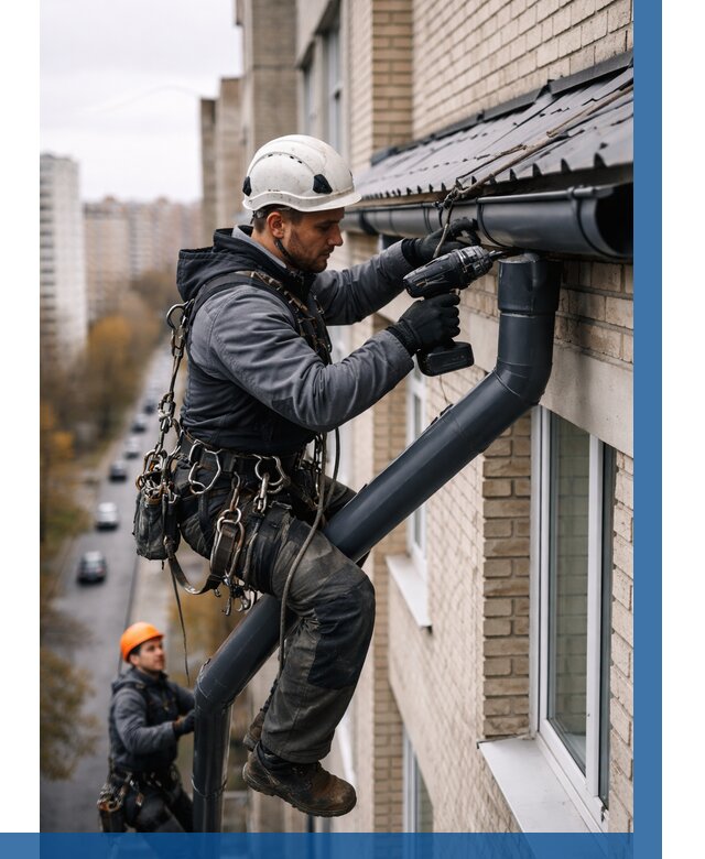 Монтаж водосточной системы на здании в Новотроицке от 5234 р. | ВЫСОТНИК-Нвт