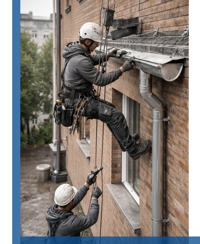 Монтаж водосточной системы на здании в Новотроицке под ключ