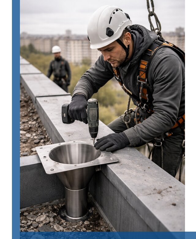 Монтаж водосточных воронок в Новотроицке для промышленных зданий