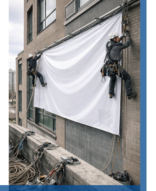 Монтаж баннеров на фасаде в Новотроицке от 680 р. заказать ВЫСОТНИК-Нвт