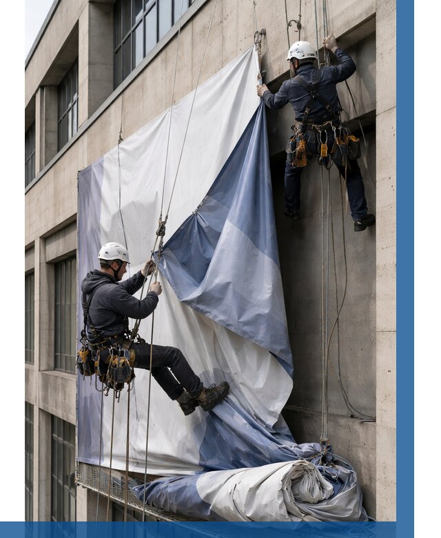 Демонтаж баннеров с фасада в Новотроицке от 4711 р. | ВЫСОТНИК-Нвт