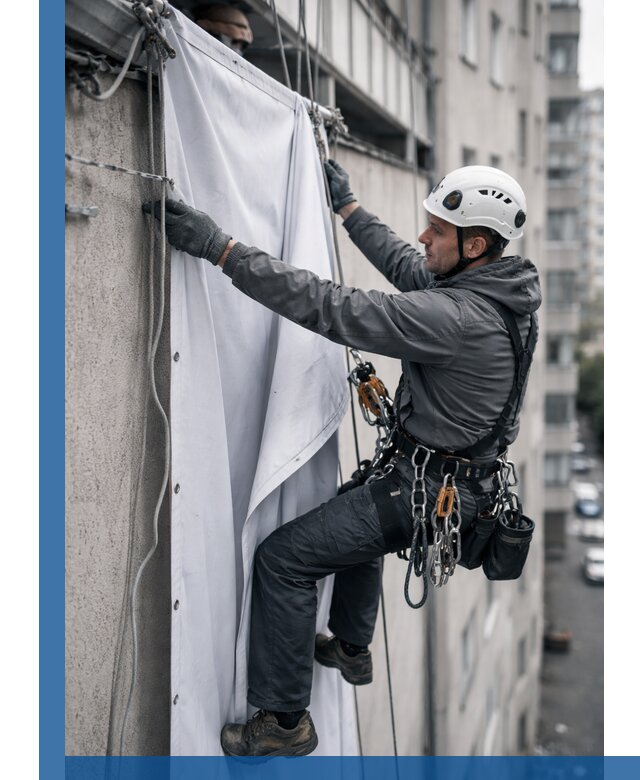 Замена баннерного полотна промышленными альпинистами в Новотроицке