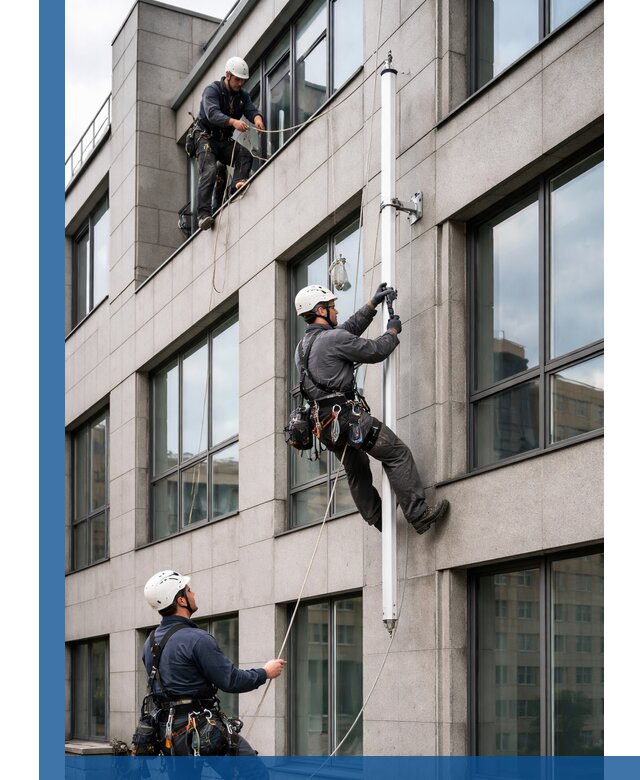 Монтаж флагштока на фасаде здания с креплением и герметикой в Новотроицке