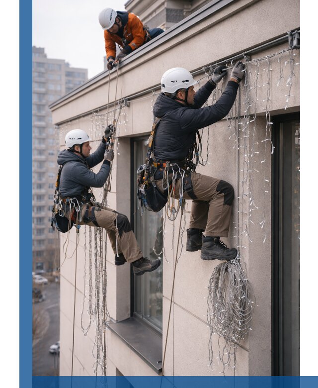 Монтаж праздничных гирлянд на фасаде в Новотроицке для зданий