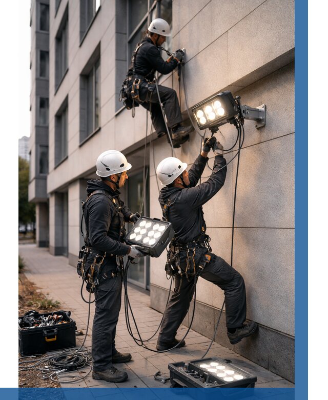 Монтаж прожекторов на фасаде в Новотроицке от 7851 р. | ВЫСОТНИК-Нвт