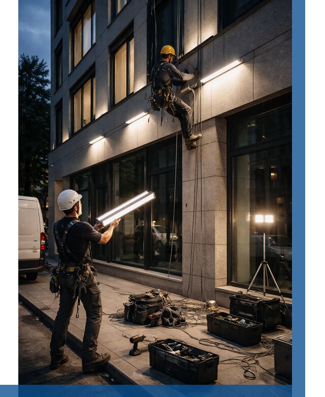 Монтаж архитектурной подсветки здания в Новотроицке от 2617 р.|ВЫСОТНИК-Нвт