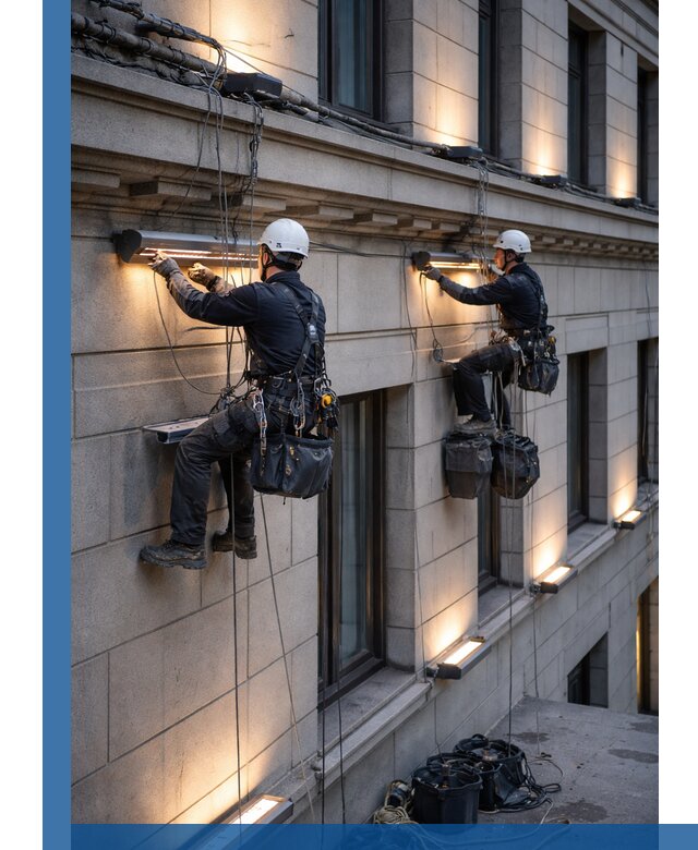 Монтаж архитектурной подсветки фасадов зданий в Новотроицке