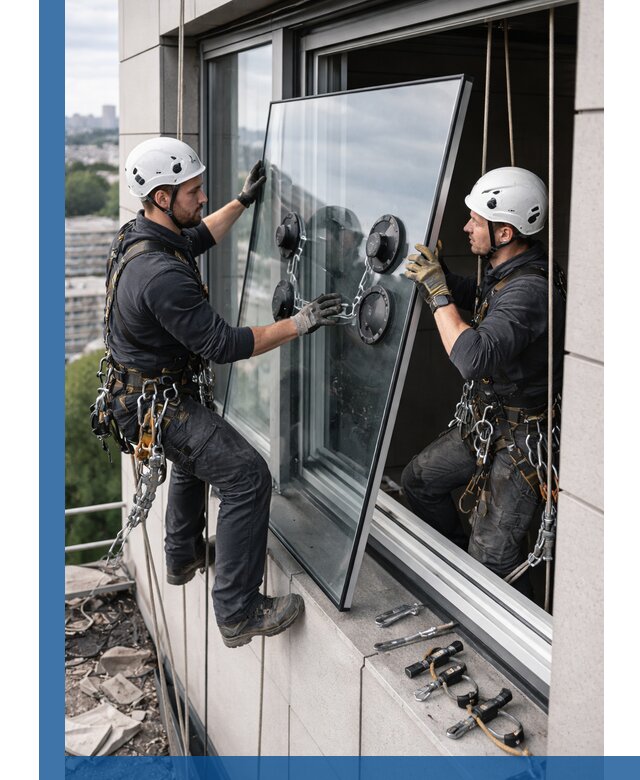 Замена стеклопакетов на высоте с промышленными альпинистами в Новотроицке
