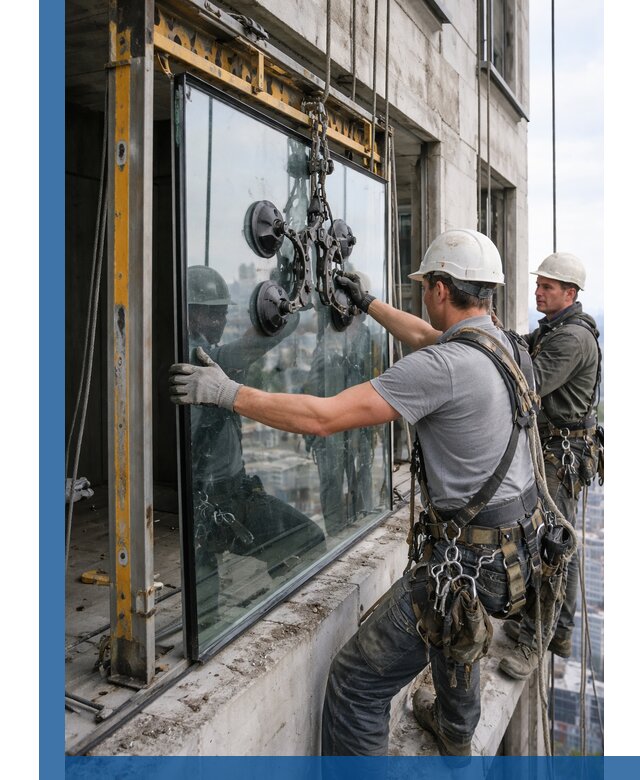 Монтаж стеклопакетов на высоте в Новотроицке с промышленным альпинизмом