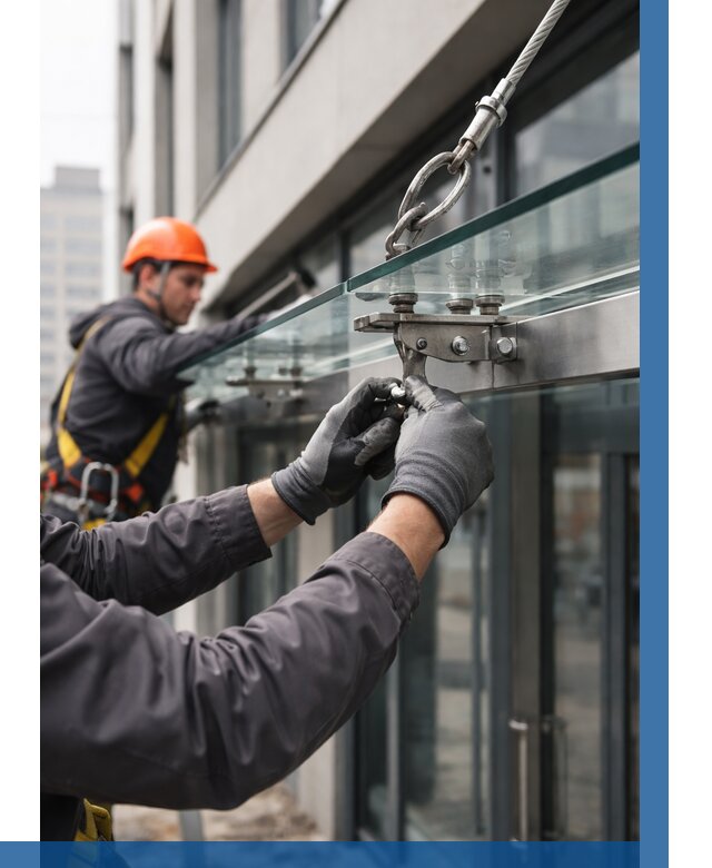 Монтаж стеклянных козырьков в Новотроицке от 8898 р. | ВЫСОТНИК-Нвт