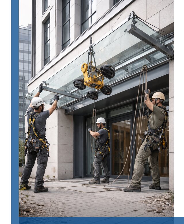 Монтаж стеклянных козырьков под ключ в Новотроицке для зданий