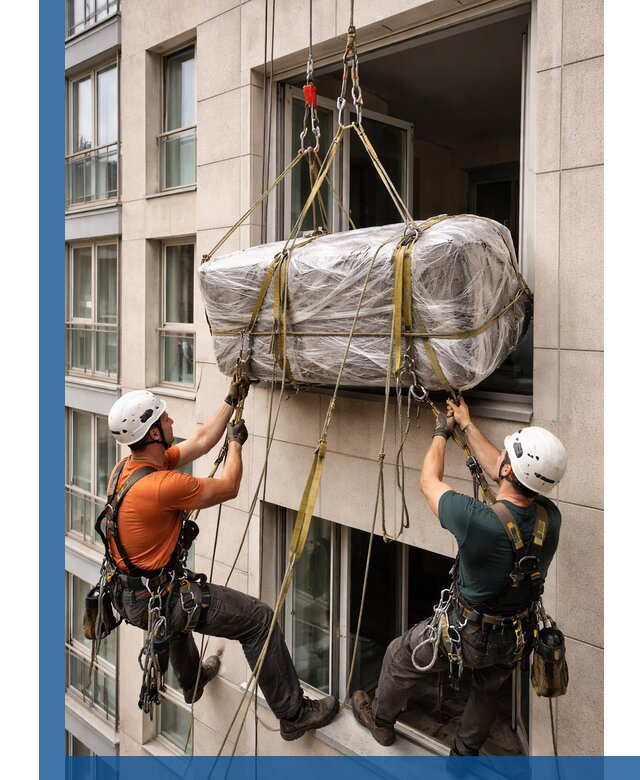 Подъем грузов через окно в Новотроицке промышленными альпинистами