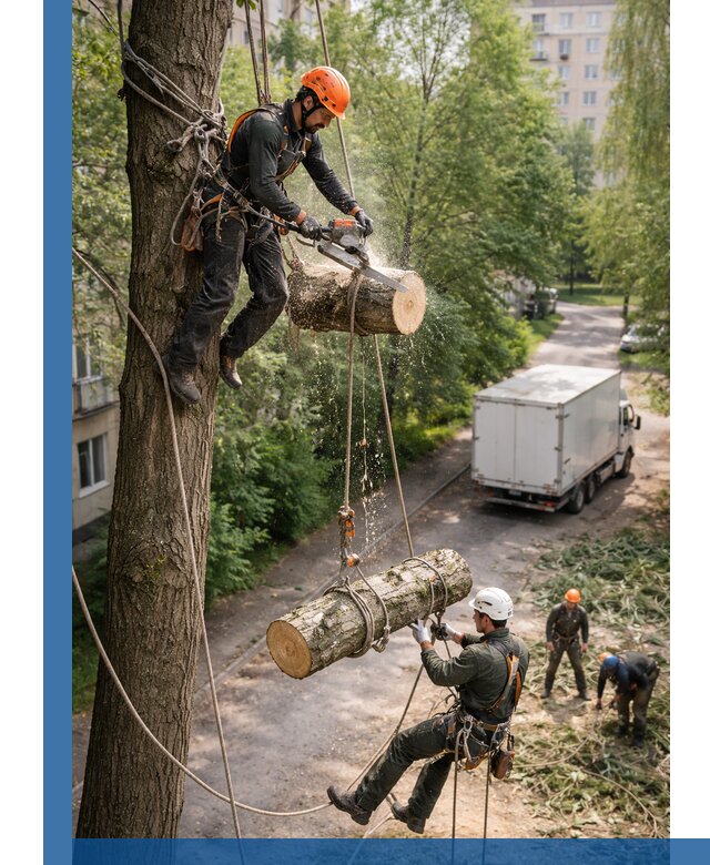 Спил деревьев альпинистами в Новотроицке, безопасно и без повреждений