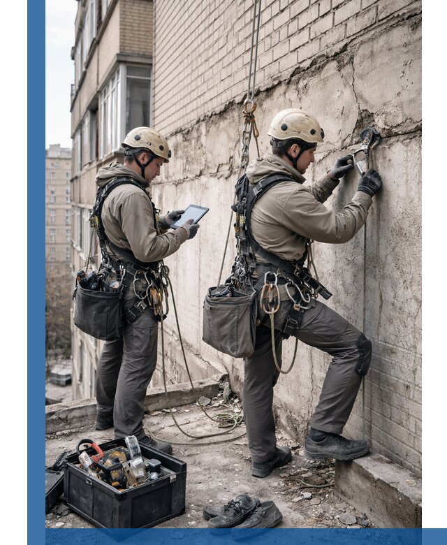 Обследование фасада промышленными альпинистами в Новотроицке